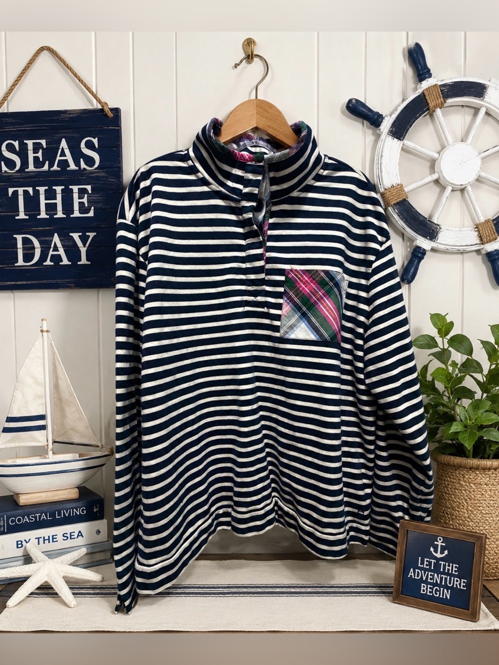 crown & ivy Navy Striped cotton pullover with Plaid Accents size 2XL